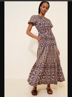 Anthropologie Maeve Somerset Navy, Rust & Cream Printed Maxi Dress